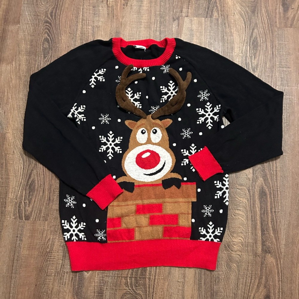 Festive Black Reindeer Sweater with Red Accents